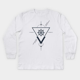 Creative Illustration In Geometric Style. Wheel, Ocean, Ship, Adventure, Nautical Kids Long Sleeve T-Shirt